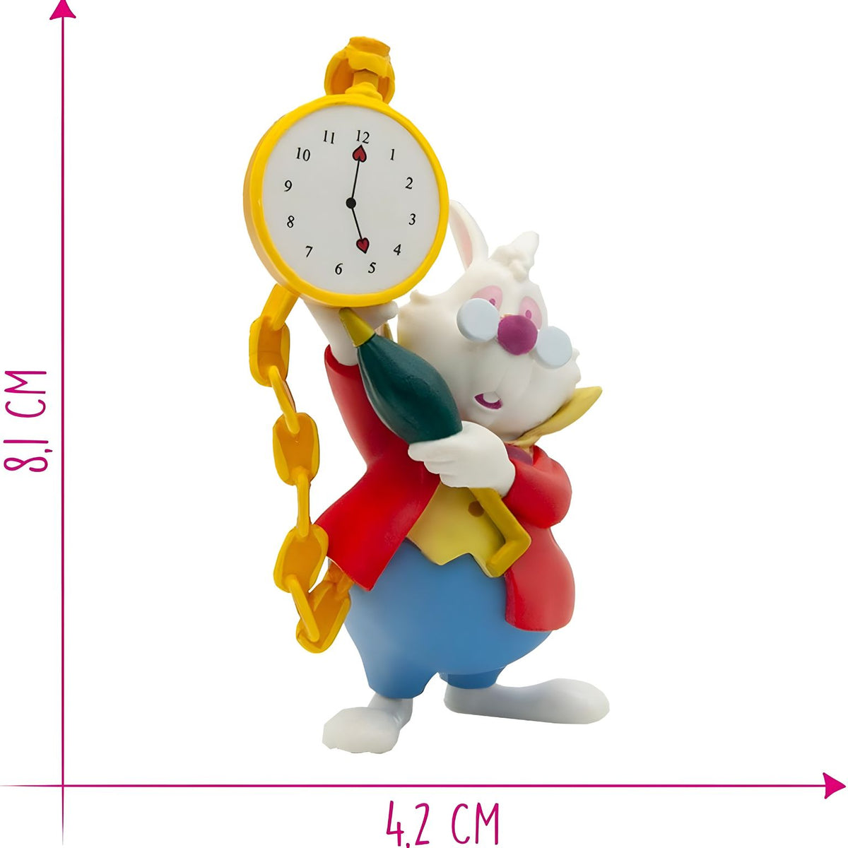 Coelho Branco Disney em figura Bullyland, com pelo branco, casaco vermelho e relógio de bolso.