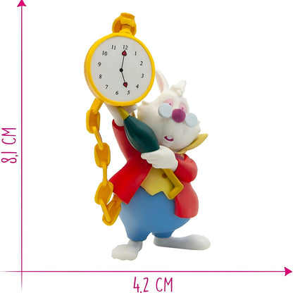 Coelho Branco Disney em figura Bullyland, com pelo branco, casaco vermelho e relógio de bolso.