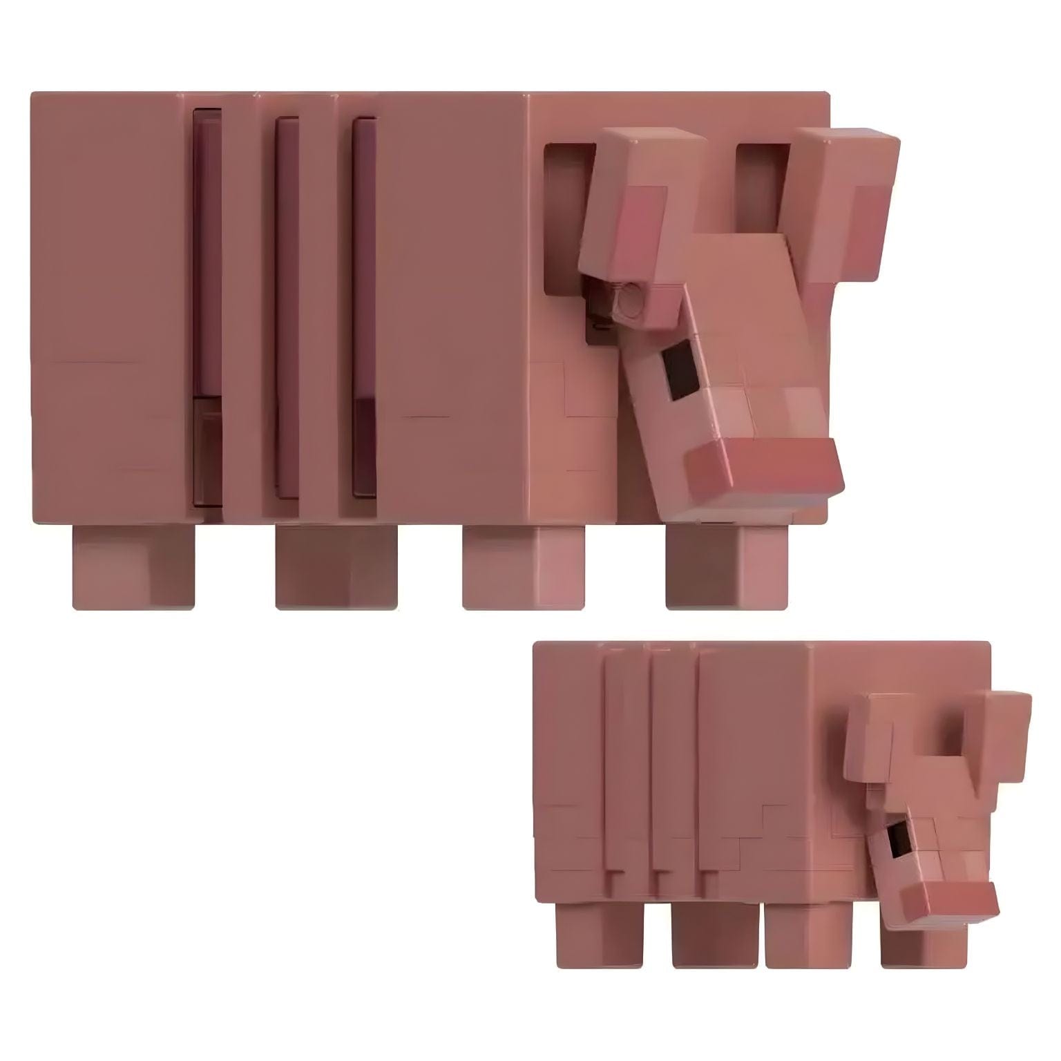 Figura Minecraft armadillo e bebé armadillo em estilo cúbico, duas figuras castanhas com detalhe de escamas, em embalagem Mattel Minecraft