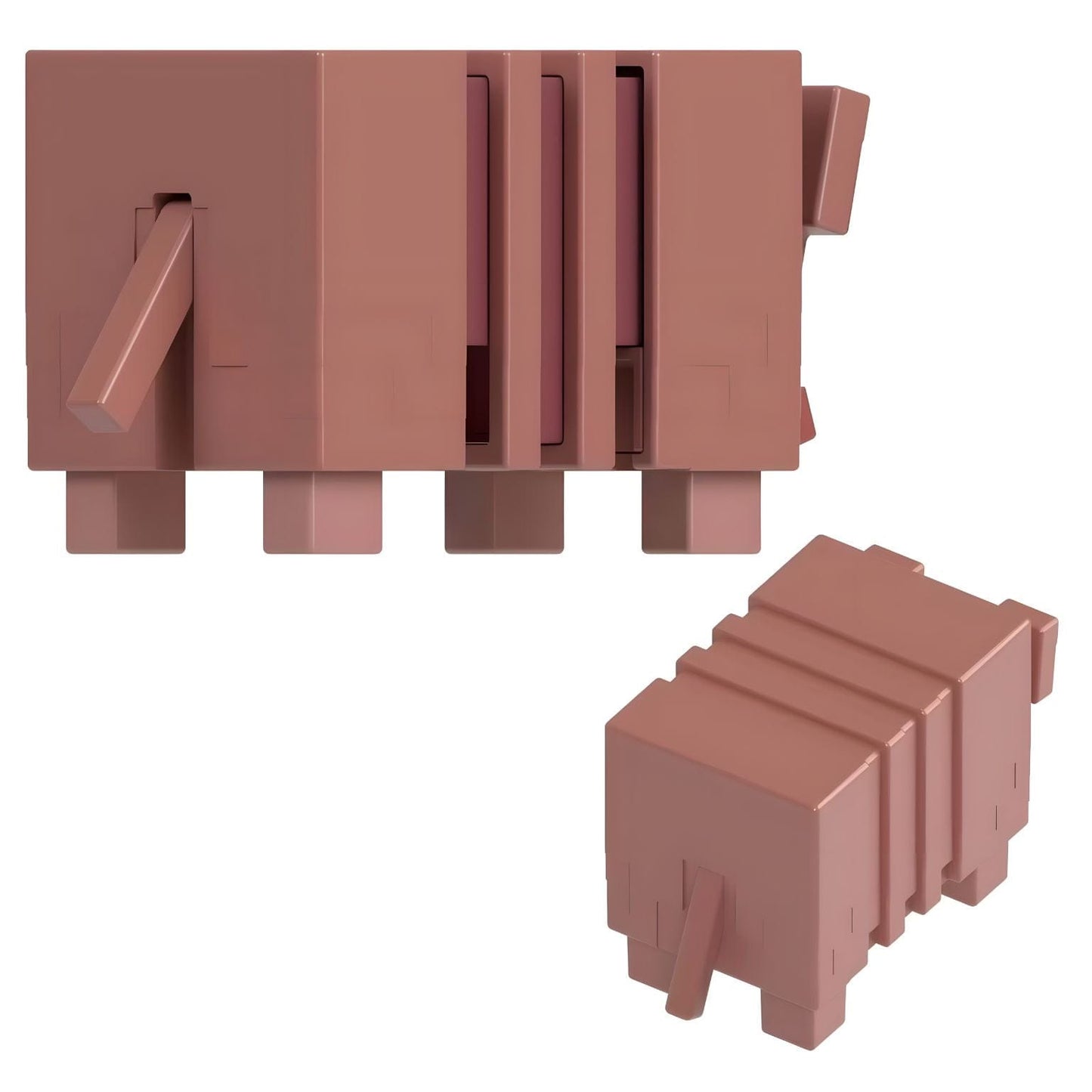 Figura Minecraft armadillo e bebé armadillo em estilo cúbico, duas figuras castanhas com detalhe de escamas, em embalagem Mattel Minecraft