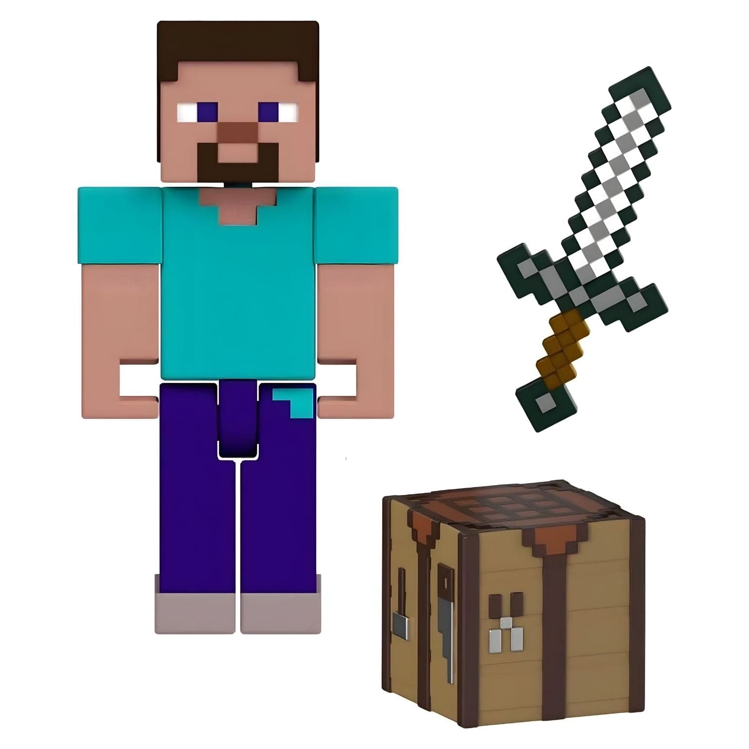 Figura Minecraft Steve com espada pixelizada e mesa de criação Minecraft