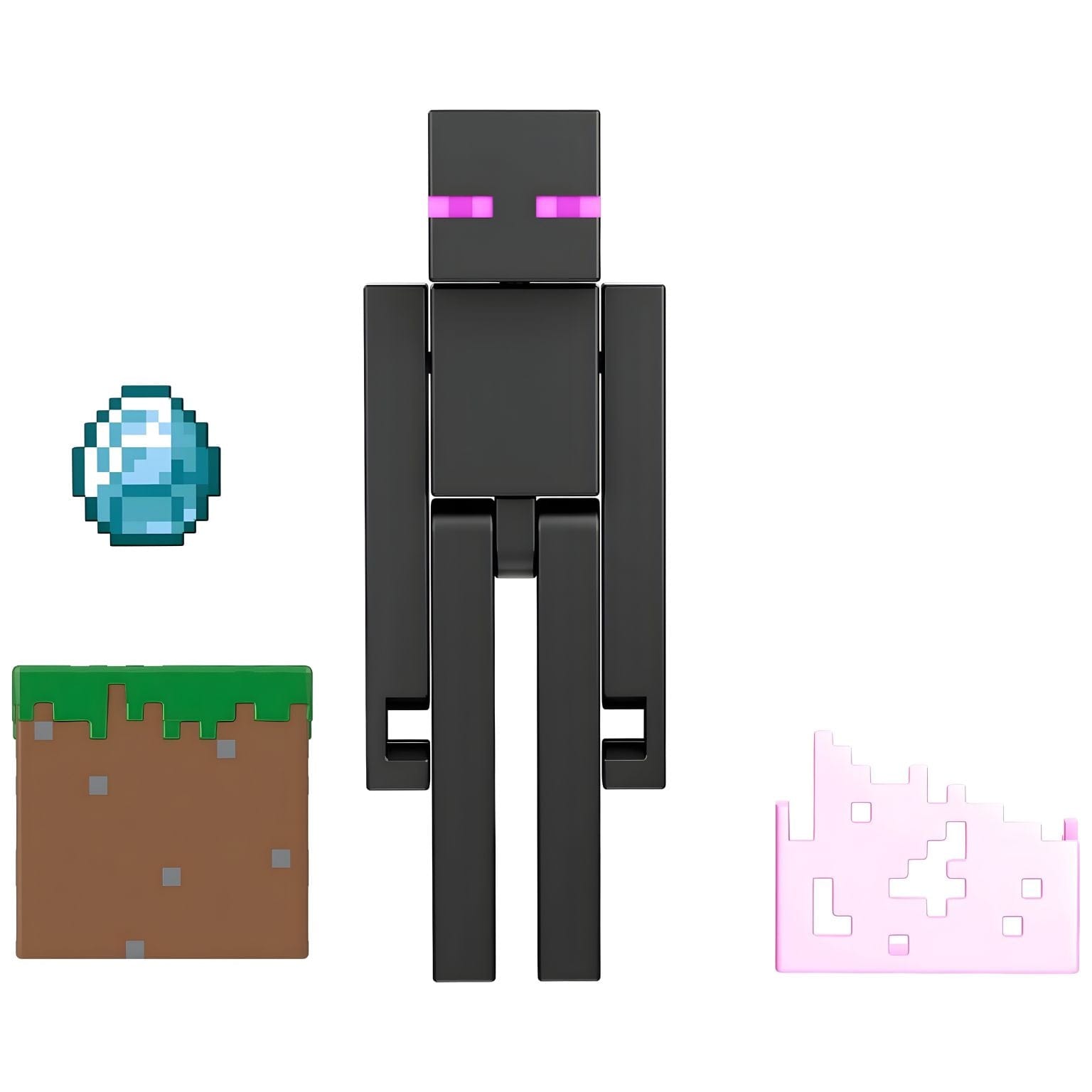 Figura Minecraft Enderman preta com olhos roxos, acessórios pérola do Ender, bloco de relva e base rosa