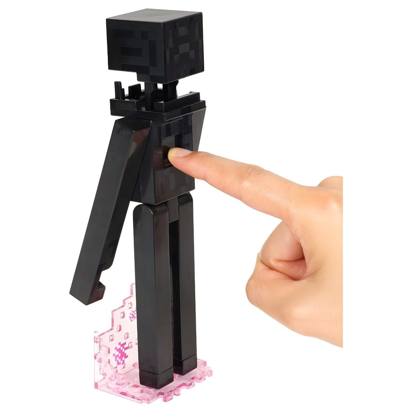 Figura Minecraft Enderman preta com olhos roxos, acessórios pérola do Ender, bloco de relva e base rosa