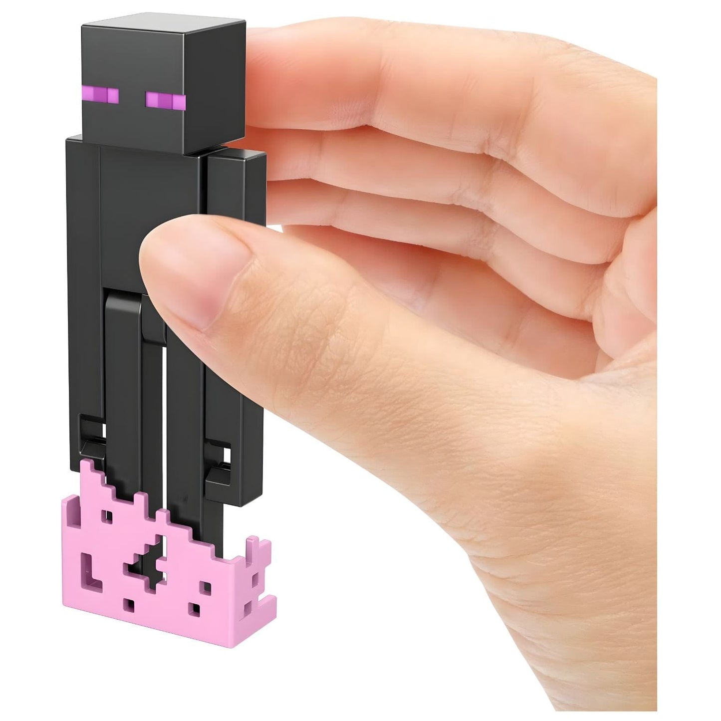 Figura Minecraft Enderman preta com olhos roxos, acessórios pérola do Ender, bloco de relva e base rosa