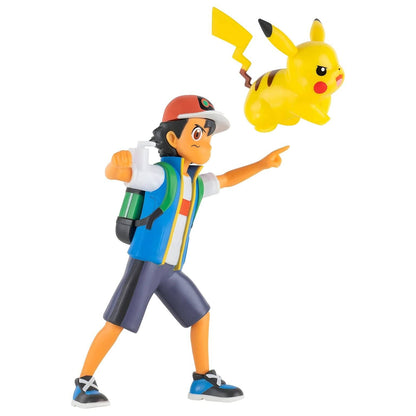 Figura Ash com boné vermelho e Pikachu a saltar, vista de lado