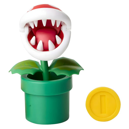 Figura Super Mario Planta Piranha com tubo verde, cabeça vermelha de pintas brancas e moeda amarela
