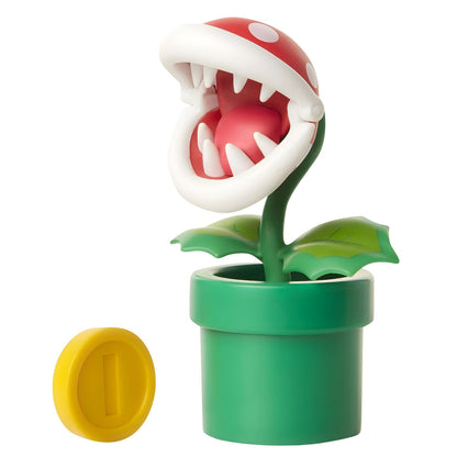 Figura Super Mario Planta Piranha com tubo verde, cabeça vermelha de pintas brancas e moeda amarela