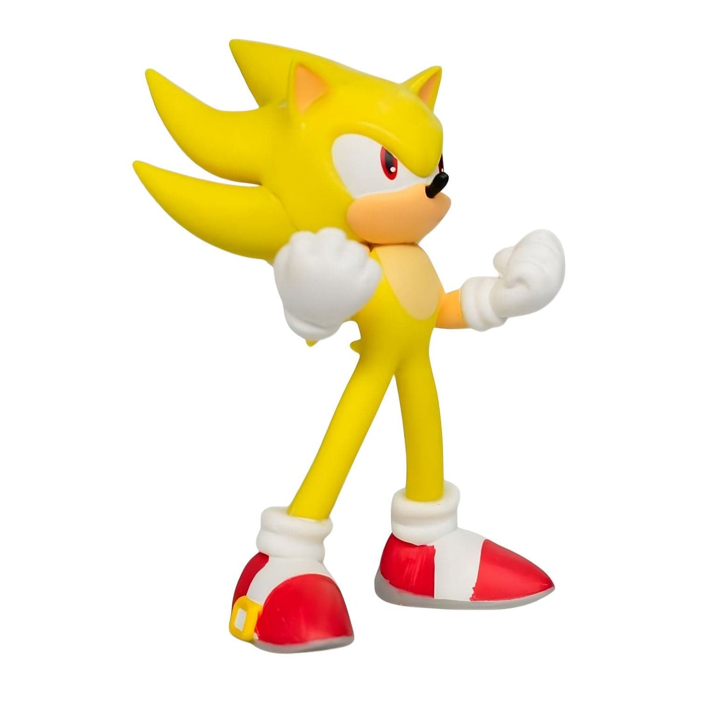 Figura Super Sonic Amarelo da Comansi com luvas brancas e sapatos vermelhos, personagem Sonic dourado em pose de ação