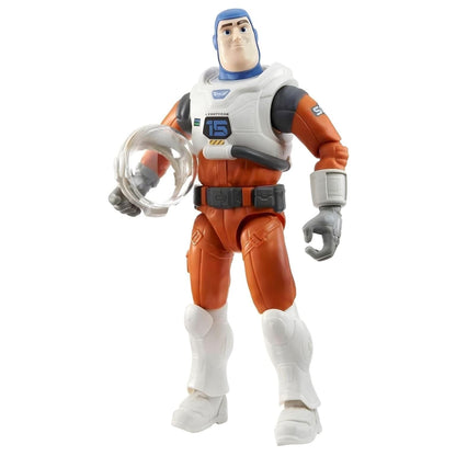 Figura Buzz Lightyear de fato laranja e branco com capacete na mão