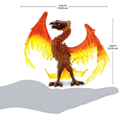 Figura de borracha Fénix com medidas, sobre a silhueta de uma mão