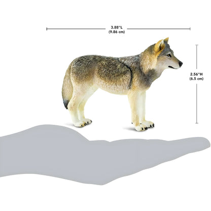 Figura de borracha Lobo-Cinzento com dimensões sobre a palma da mão