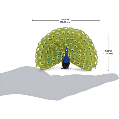 Figura de borracha Pavão sobre uma mão com medidas indicadas