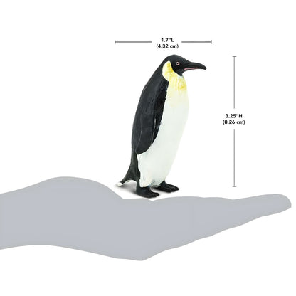Figura do Pinguim Imperador sobre uma mão com indicação de medidas