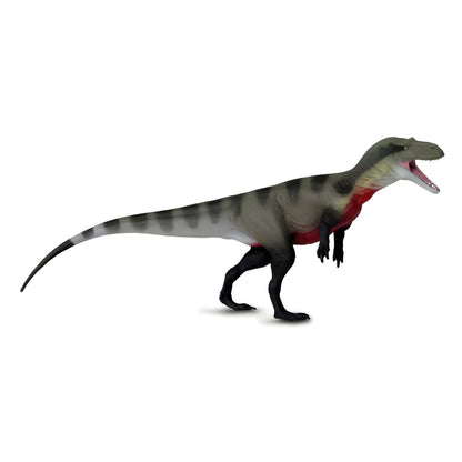 Figura de borracha Megalosaurus cinzenta com riscas escuras, de perfil e boca aberta