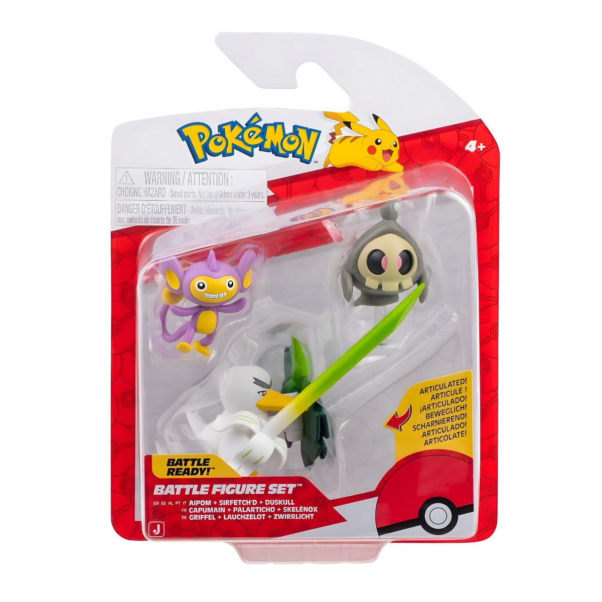 Figuras Pokémon Aipom, Sirfetch’d e Duskull em conjunto