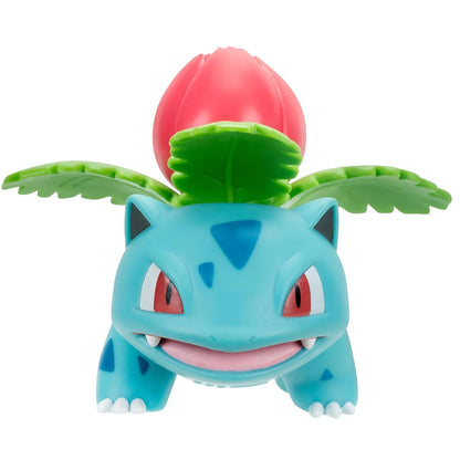 Figura Pokémon Ivysaur azul-esverdeada com folhas e botão nas costas