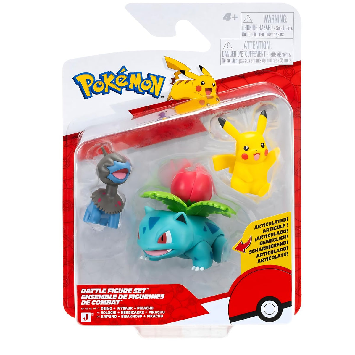 Embalagem do conjunto de três figuras Pokémon Pikachu, Deino e Ivysaur