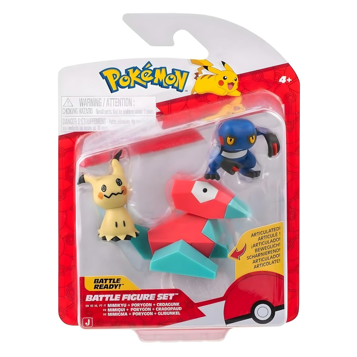 Figuras Pokémon Mimikyu, Porygon e Croagunk em conjunto