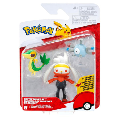 Embalagem do conjunto de três figuras Pokémon Magnemite, Snivy e Raboot