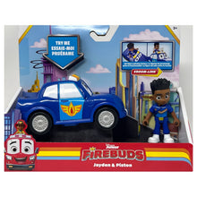 Embalagem Disney Junior Firebuds com a figura Jayden e o carro azul Piston