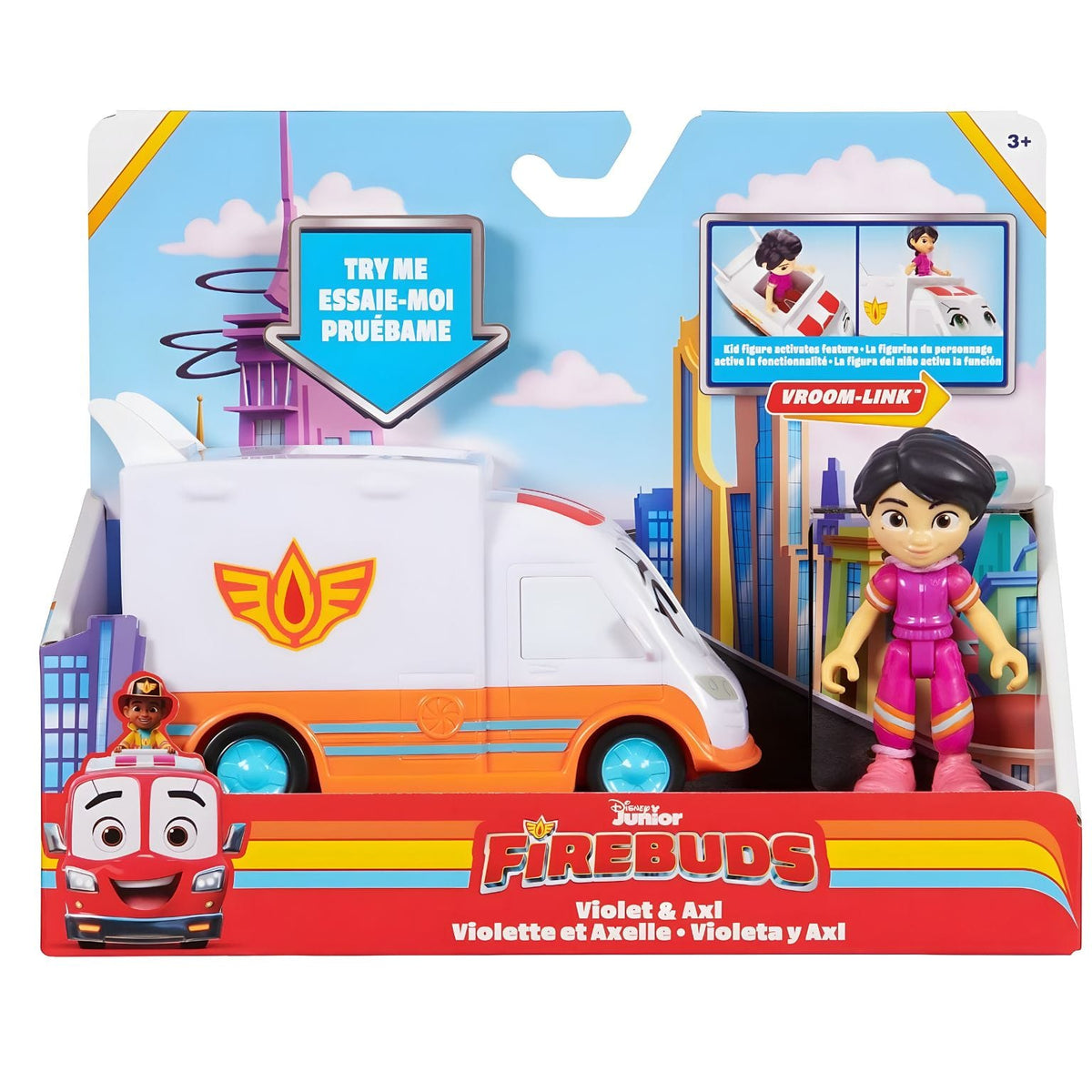 Firebuds Violet e Axl da Disney Junior com figura e veículo de resgate