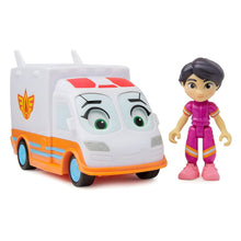 Ambulância Axl branca e laranja ao lado da figura Violet