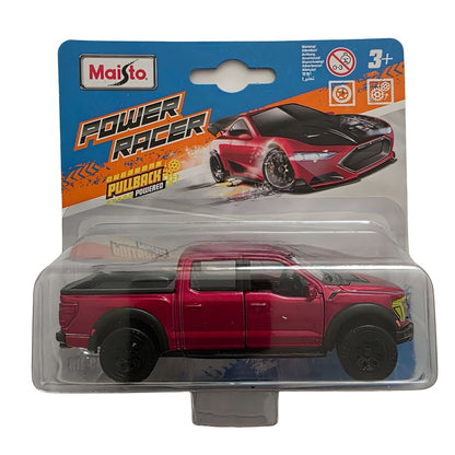 Ford F-150 Raptor Pullback 1/43 vermelho da Maisto em embalagem e em destaque lateral