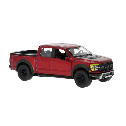 Ford F-150 Raptor Pullback 1/43 vermelho da Maisto em embalagem e em destaque lateral