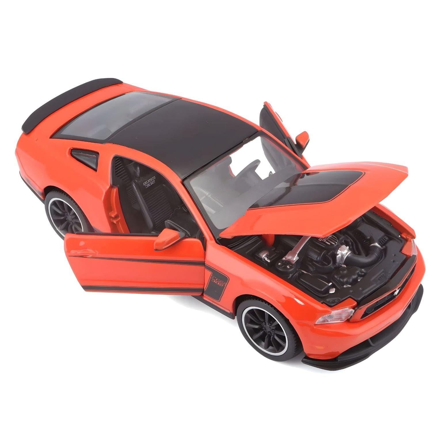 Ford Mustang Boss 302 Maisto laranja com detalhes pretos, miniatura de carro desportivo