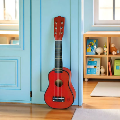 Guitarra Vermelha de Madeira encostada a uma parede num quarto