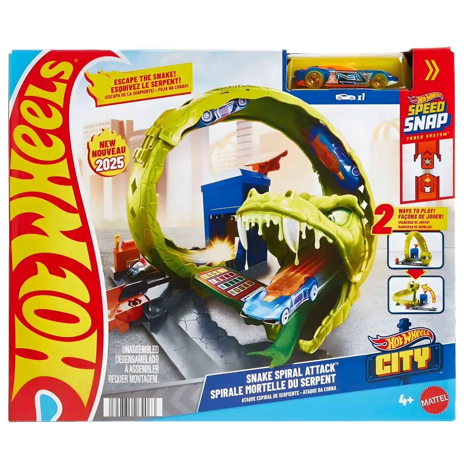 pista Hot Wheels City ataque espiral da serpente com loop e carro em fuga