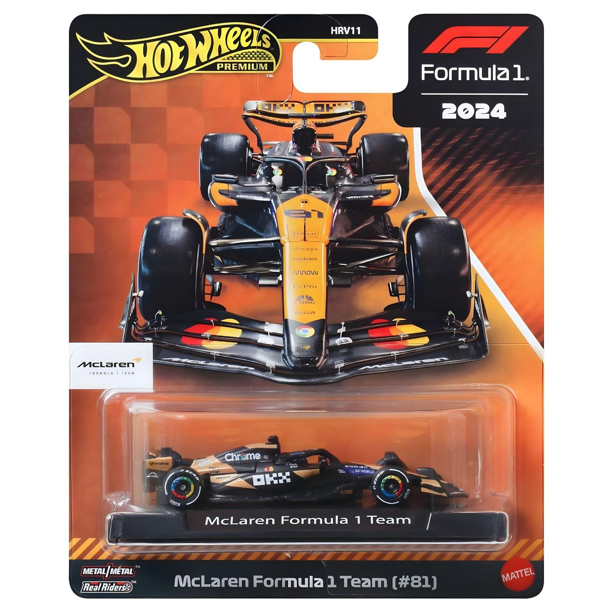 Imagem principal da miniatura Hot Wheels McLaren MCL38 de Oscar Piastri n.º 81, com pintura papaya e preta.