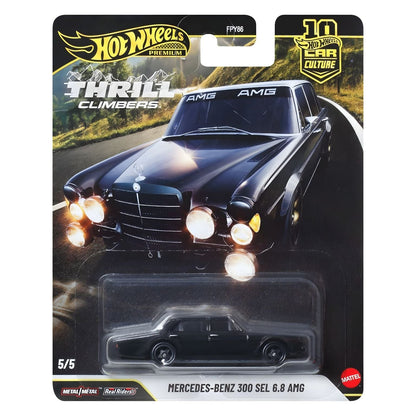 Hot Wheels Mercedes-Benz 300 SEL 6.8 AMG preto carro clássico em miniatura vista lateral e embalagem Car Culture