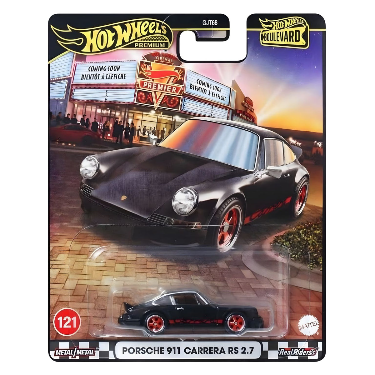 Hot Wheels Porsche 911 Carrera RS 2.7 preto com detalhes vermelhos, coleção Premium Boulevard 121