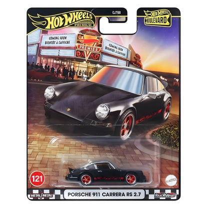 Hot Wheels Porsche 911 Carrera RS 2.7 preto com detalhes vermelhos, coleção Premium Boulevard 121
