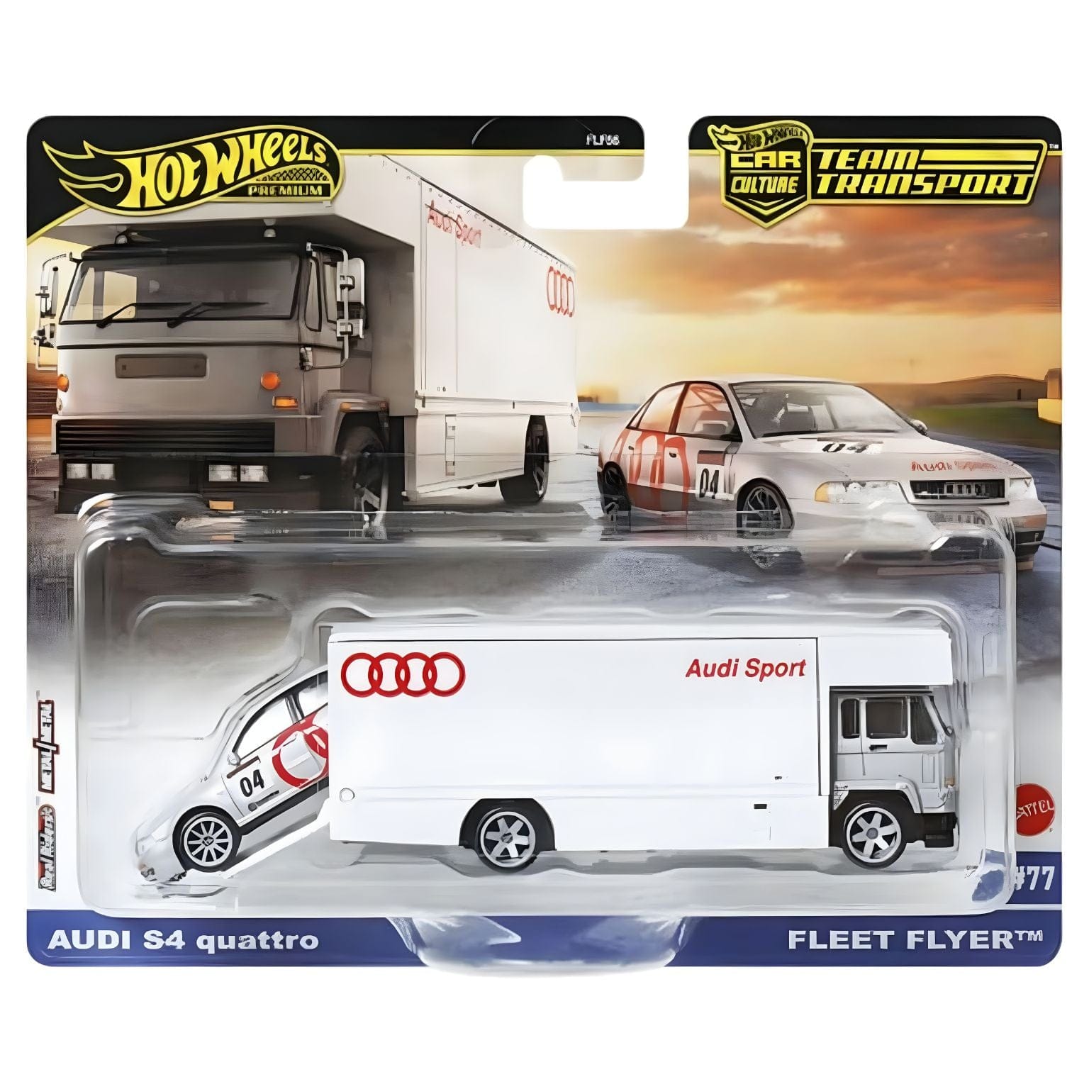 Hot Wheels Team Transport Audi S4 quattro e Fleet Flyer camião branco Audi Sport carro prateado com grafismo vermelho