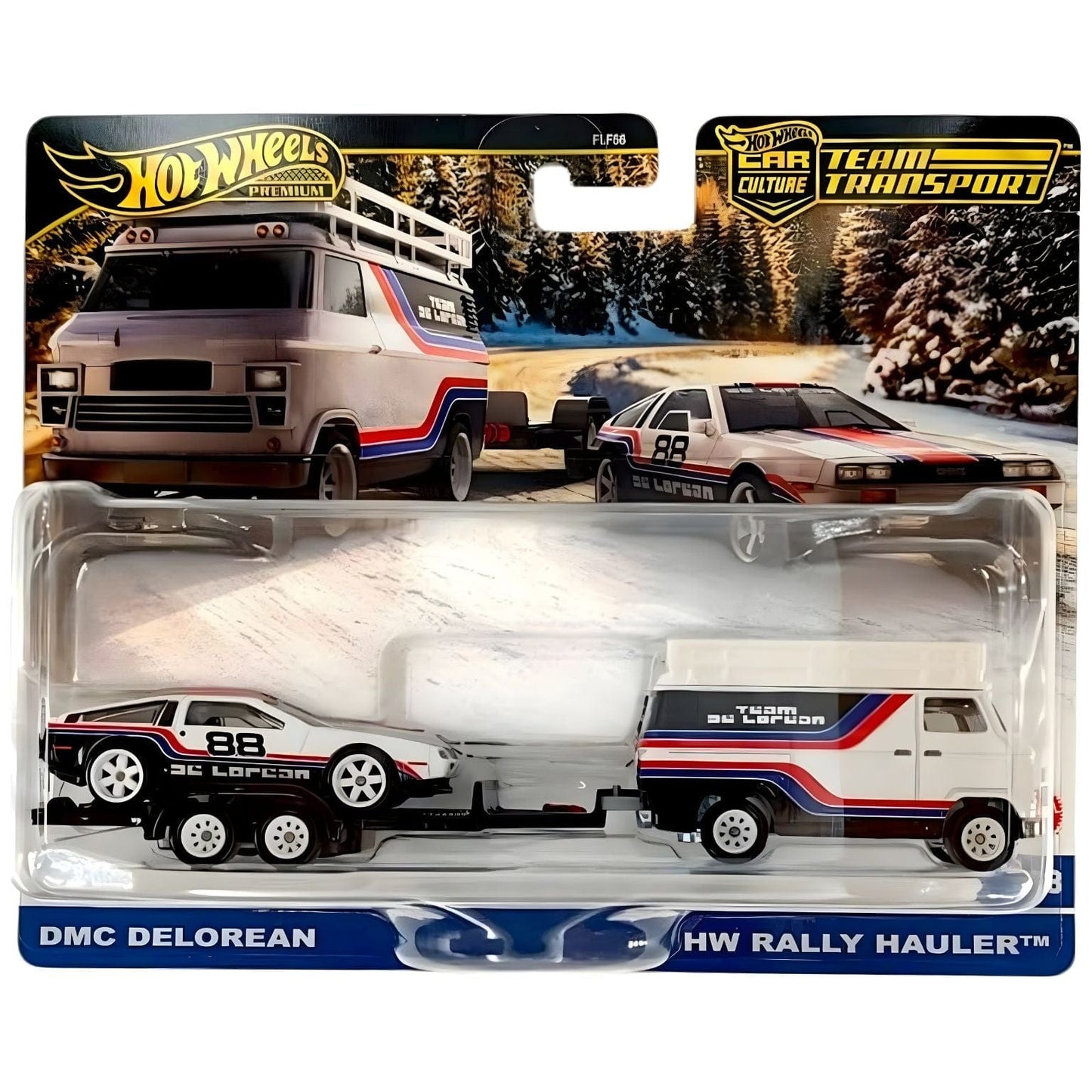 Hot Wheels Team Transport DMC Delorean e Hw Rally Hauler com camião branco de faixas vermelhas e azuis, trailer e DeLorean de corrida número 88