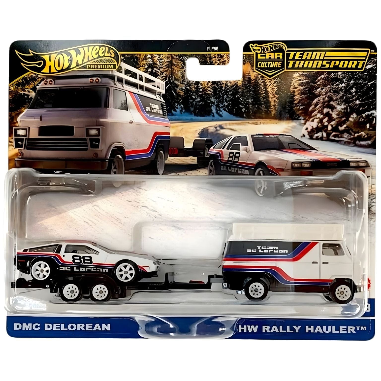 Hot Wheels Team Transport DMC Delorean e Hw Rally Hauler com camião branco de faixas vermelhas e azuis, trailer e DeLorean de corrida número 88