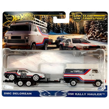 Hot Wheels Team Transport DMC Delorean e Hw Rally Hauler com camião branco de faixas vermelhas e azuis, trailer e DeLorean de corrida número 88