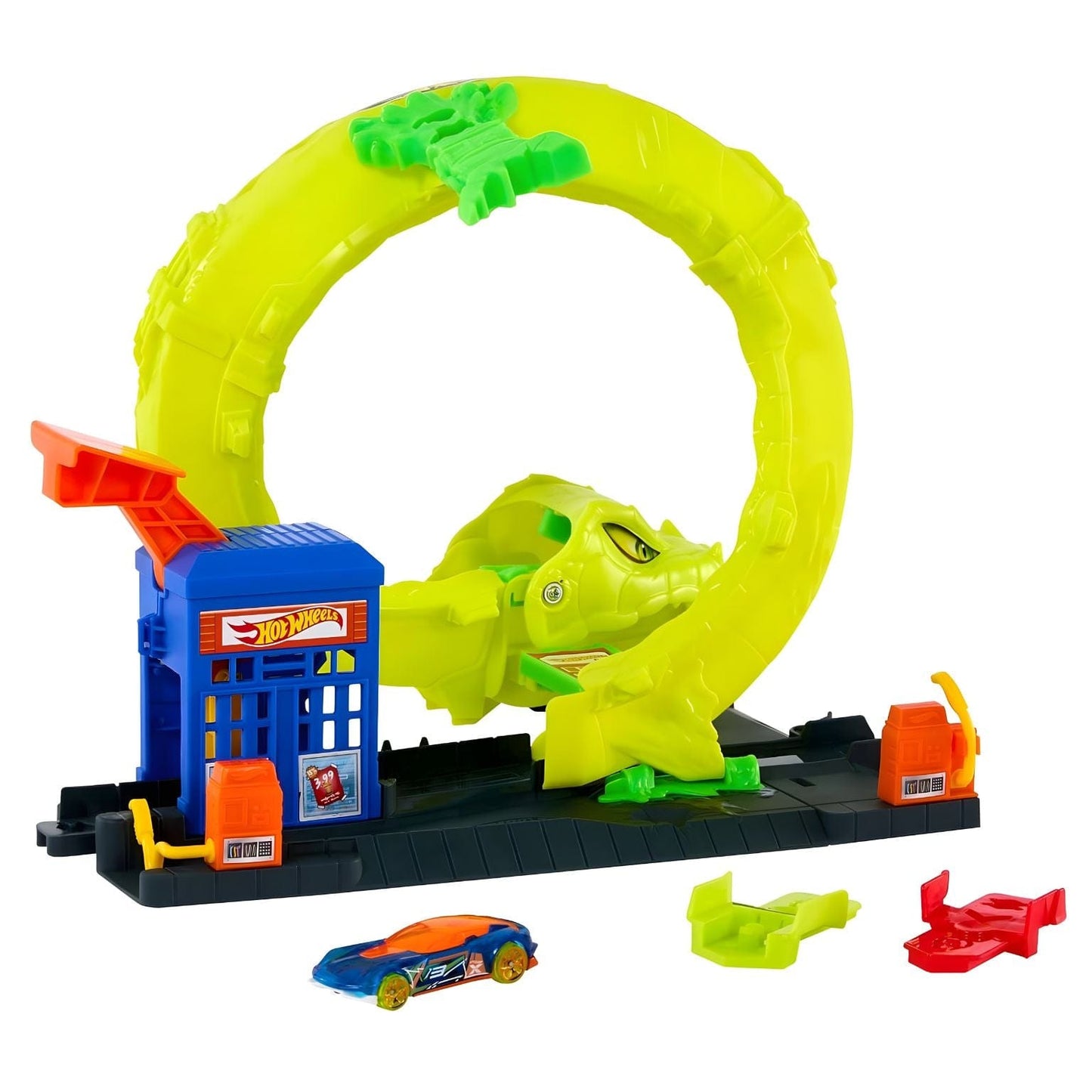 pista Hot Wheels City ataque espiral da serpente com loop e carro em fuga