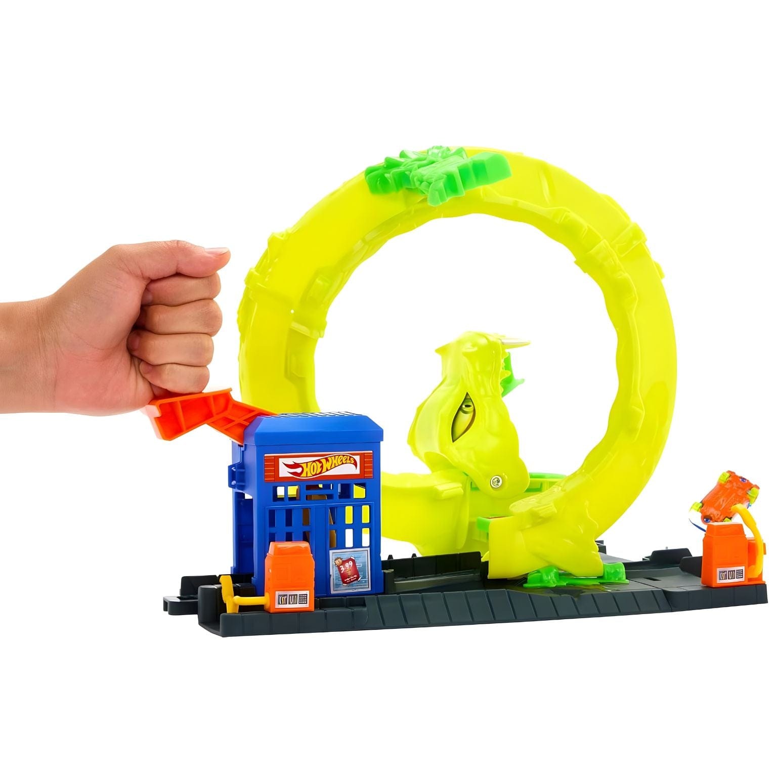 pista Hot Wheels City ataque espiral da serpente com loop e carro em fuga
