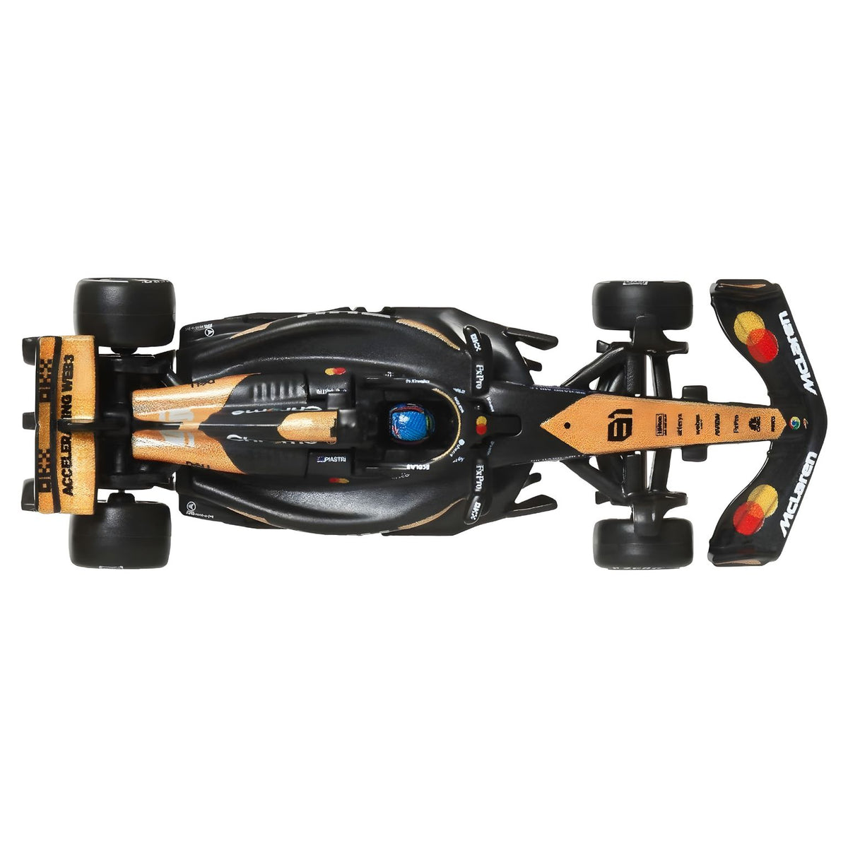 Hot Wheels Fórmula 1 McLaren MCL38 Oscar Piastri, modelo de corrida para exposição com decoração da McLaren.