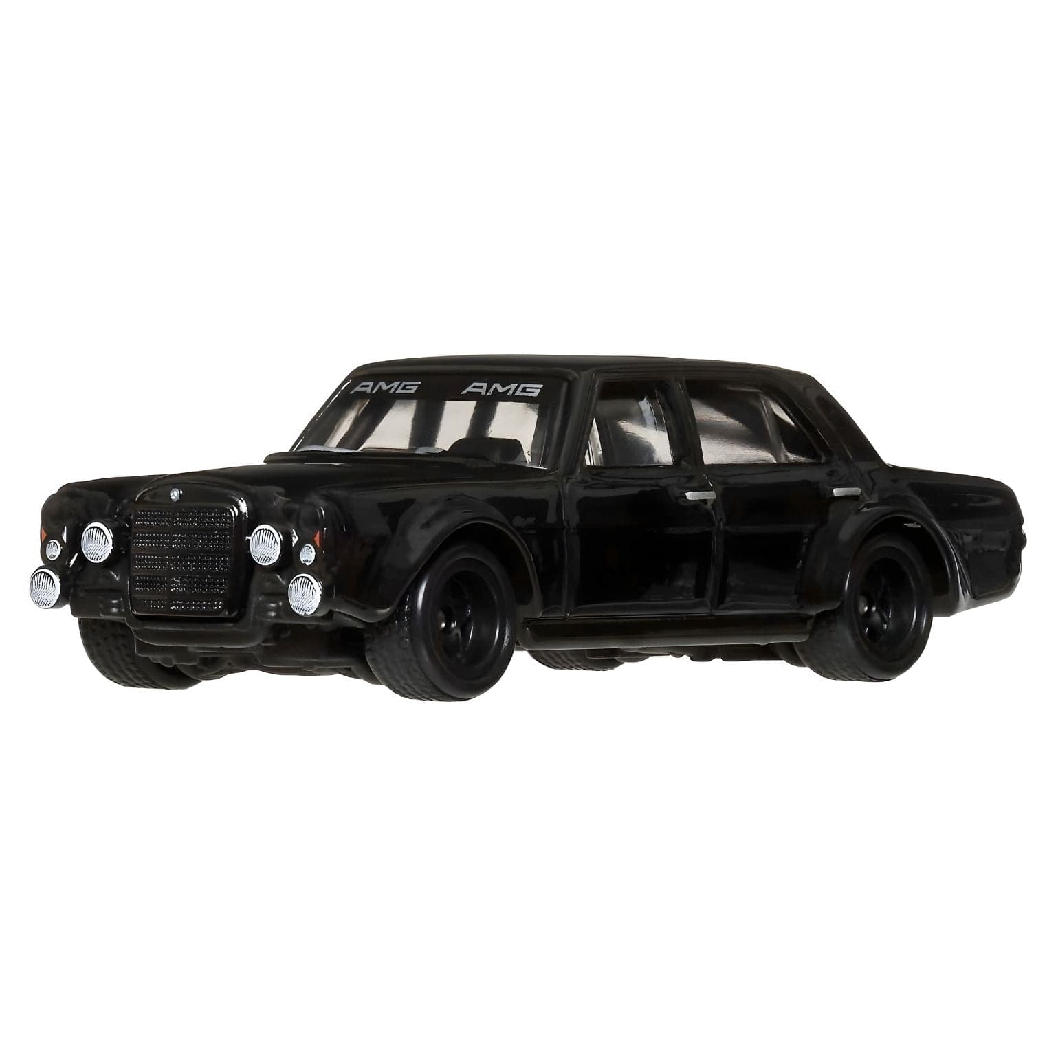Hot Wheels Mercedes-Benz 300 SEL 6.8 AMG preto carro clássico em miniatura vista lateral e embalagem Car Culture