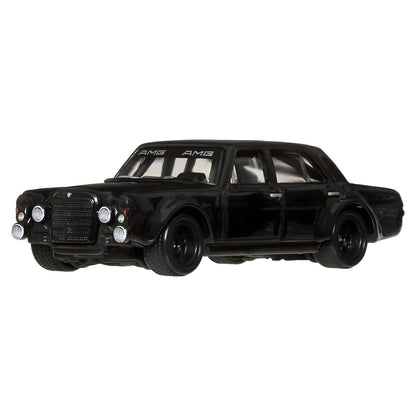 Hot Wheels Mercedes-Benz 300 SEL 6.8 AMG preto carro clássico em miniatura vista lateral e embalagem Car Culture