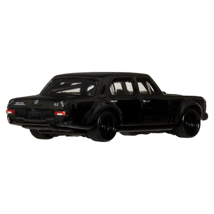 Hot Wheels Mercedes-Benz 300 SEL 6.8 AMG preto carro clássico em miniatura vista lateral e embalagem Car Culture