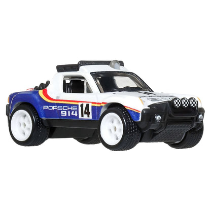 Hot Wheels Porsche 914 Safari miniatura com visual de rally em branco e azul com número 14
