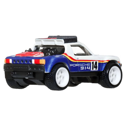 Hot Wheels Porsche 914 Safari miniatura com visual de rally em branco e azul com número 14