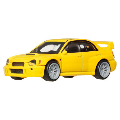 Hot Wheels Subaru Impreza WRX amarelo com aileron e jantes cinza em embalagem Hot Wheels Premium