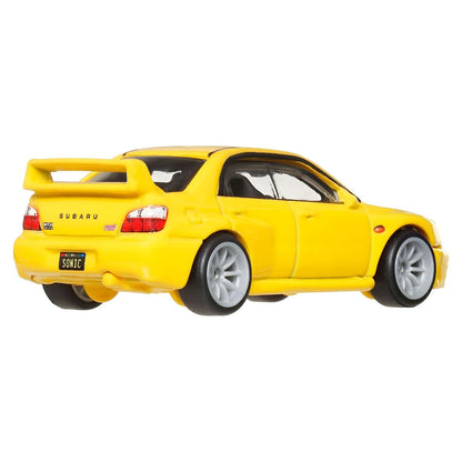 Hot Wheels Subaru Impreza WRX amarelo com aileron e jantes cinza em embalagem Hot Wheels Premium