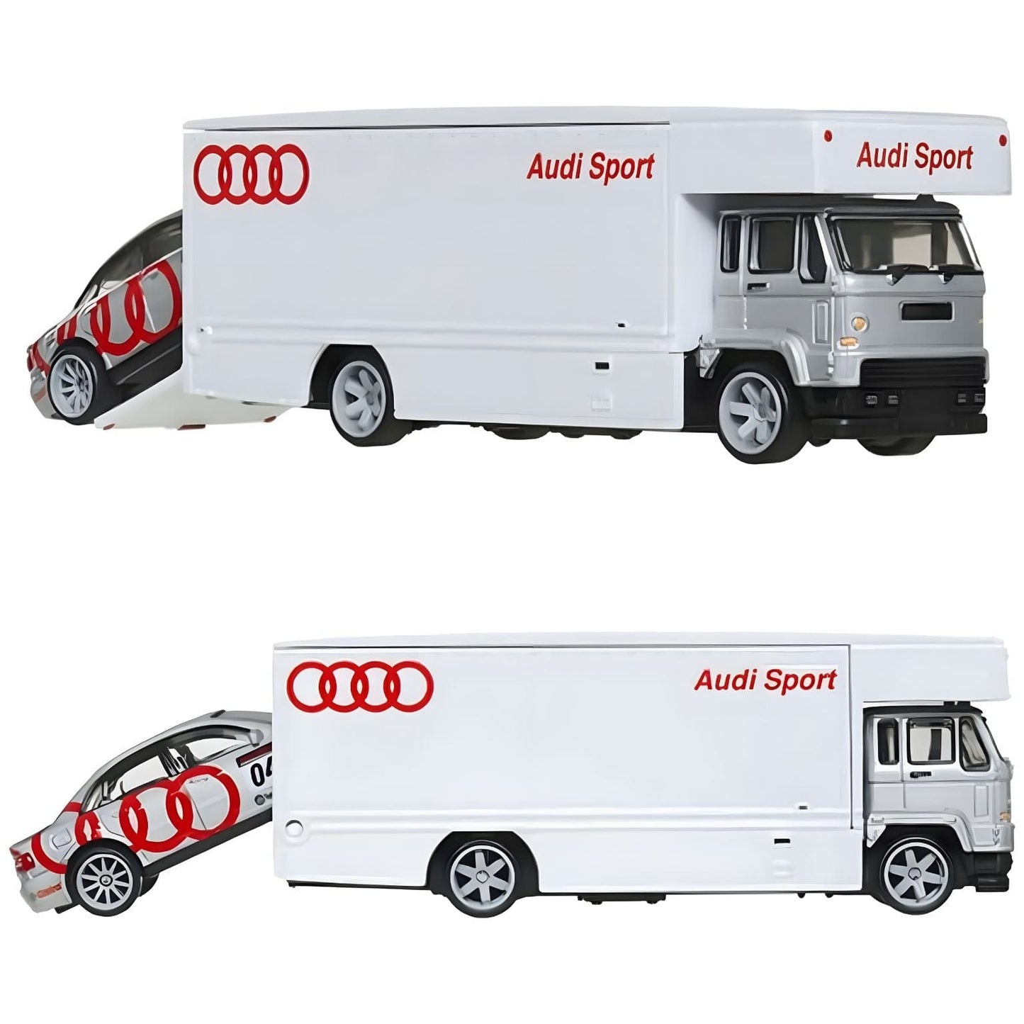 Hot Wheels Team Transport Audi S4 quattro e Fleet Flyer camião branco Audi Sport carro prateado com grafismo vermelho